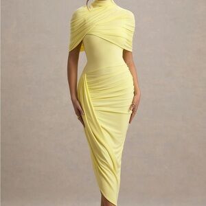 ENCHANT Lemon Asymmetric Twisted Cape Midi Dress